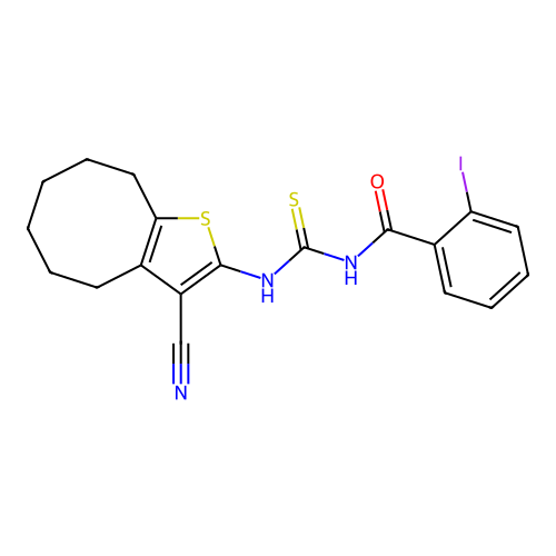N-[(3-cyano-4,5,6,7,8,9-hexahydrocycloocta[b]thiophen-2-yl)carbamothioyl]-2-iodobenzamide structure