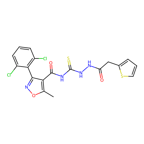 3-(2,6-dichlorophenyl)-5-methyl-N-(2-(2-(thiophen-2-yl)acetyl)hydrazinecarbonothioyl)isoxazole-4-carboxamide structure