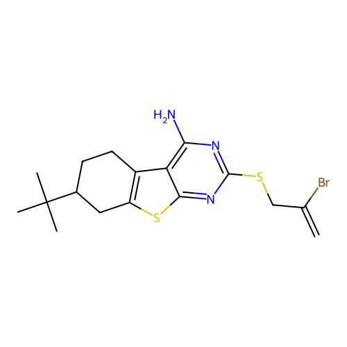 2-((2-bromoallyl)thio)-7-(tert-butyl)-5,6,7,8-tetrahydrobenzo[4,5]thieno[2,3-d]pyrimidin-4-amine structure