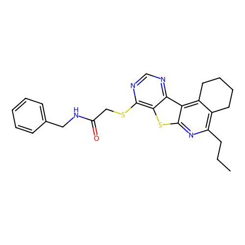 N-benzyl-2-((5-propyl-1,2,3,4-tetrahydropyrimido[4',5':4,5]thieno[2,3-c]isoquinolin-8-yl)thio)acetamide structure