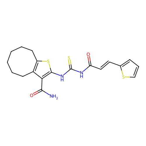 (E)-2-(3-(3-(thiophen-2-yl)acryloyl)thioureido)-4,5,6,7,8,9-hexahydrocycloocta[b]thiophene-3-carboxamide structure