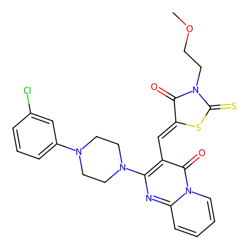 2-[4-(3-chlorophenyl)piperazin-1-yl]-3-{(Z)-[3-(2-methoxyethyl)-4-oxo-2-thioxo-1,3-thiazolidin-5-ylidene]methyl}-4H-pyrido[1,2-a]pyrimidin-4-one structure