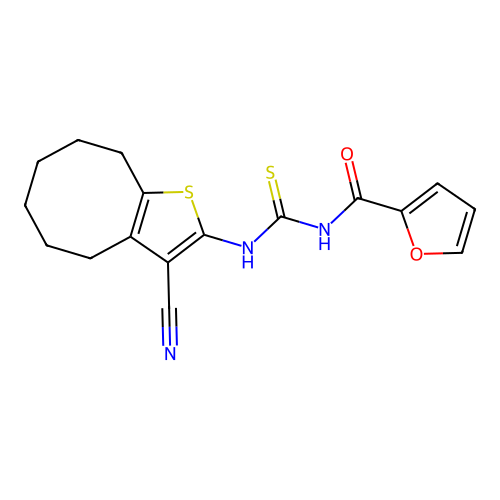 N-[(3-cyano-4,5,6,7,8,9-hexahydrocycloocta[b]thiophen-2-yl)carbamothioyl]furan-2-carboxamide structure