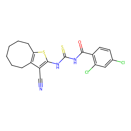 2,4-dichloro-N-[(3-cyano-4,5,6,7,8,9-hexahydrocycloocta[b]thiophen-2-yl)carbamothioyl]benzamide structure