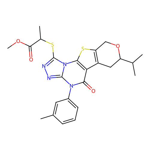 methyl 2-((7-isopropyl-5-oxo-4-(m-tolyl)-5,6,7,9-tetrahydro-4H-pyrano[4',3':4,5]thieno[3,2-e][1,2,4]triazolo[4,3-a]pyrimidin-1-yl)thio)propanoate structure