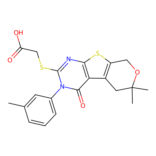 {[6,6-dimethyl-3-(3-methylphenyl)-4-oxo-3,5,6,8-tetrahydro-4H-pyrano[4',3':4,5]thieno[2,3-d]pyrimidin-2-yl]sulfanyl}acetic acid structure