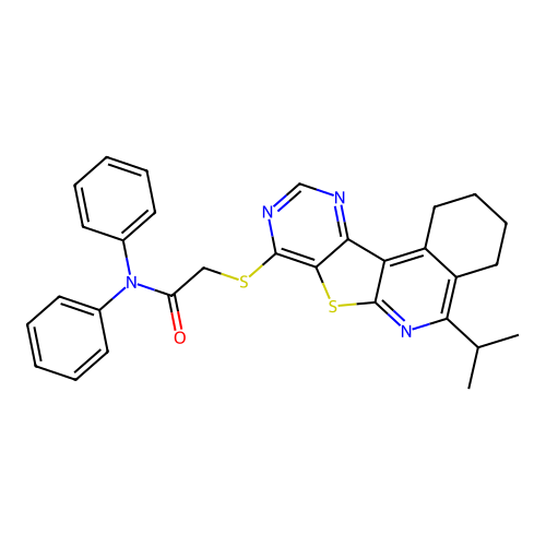 2-((5-isopropyl-1,2,3,4-tetrahydropyrimido[4',5':4,5]thieno[2,3-c]isoquinolin-8-yl)thio)-N,N-diphenylacetamide structure