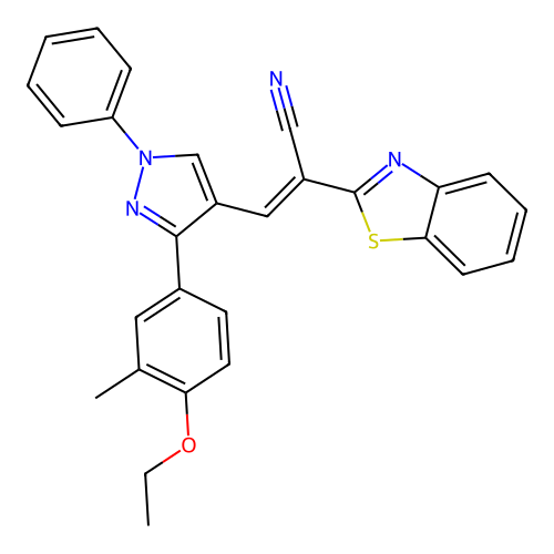 (E)-2-(1,3-benzothiazol-2-yl)-3-[3-(4-ethoxy-3-methylphenyl)-1-phenylpyrazol-4-yl]prop-2-enenitrile structure