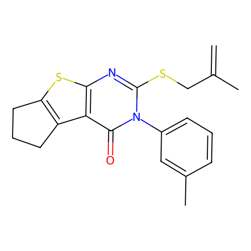 2-((2-methylallyl)thio)-3-(m-tolyl)-6,7-dihydro-3H-cyclopenta[4,5]thieno[2,3-d]pyrimidin-4(5H)-one structure
