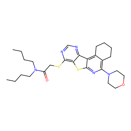 N,N-dibutyl-2-((5-morpholino-1,2,3,4-tetrahydropyrimido[4',5':4,5]thieno[2,3-c]isoquinolin-8-yl)thio)acetamide structure
