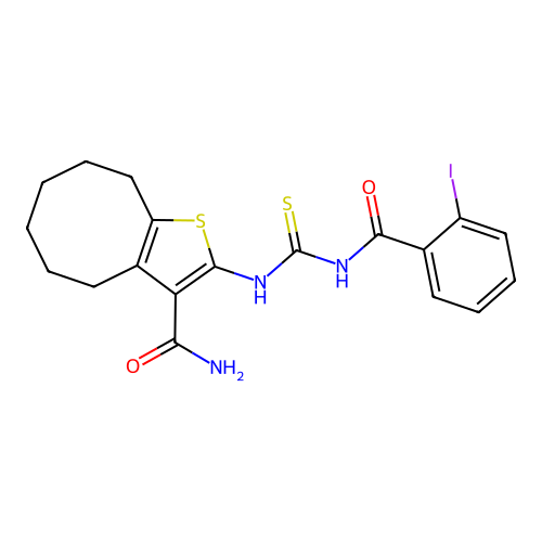 2-(3-(2-iodobenzoyl)thioureido)-4,5,6,7,8,9-hexahydrocycloocta[b]thiophene-3-carboxamide structure