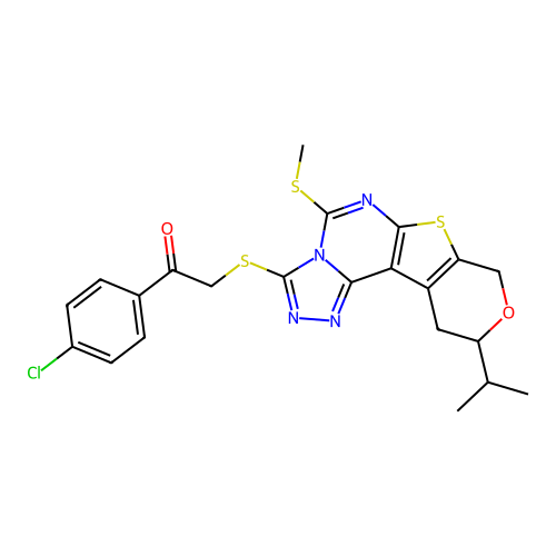 1-(4-chlorophenyl)-2-((10-isopropyl-5-(methylthio)-10,11-dihydro-8H-pyrano[4',3':4,5]thieno[3,2-e][1,2,4]triazolo[4,3-c]pyrimidin-3-yl)thio)ethanone structure