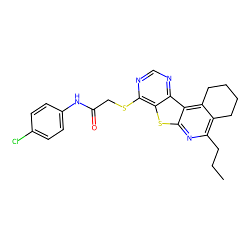 N-(4-chlorophenyl)-2-((5-propyl-1,2,3,4-tetrahydropyrimido[4',5':4,5]thieno[2,3-c]isoquinolin-8-yl)thio)acetamide structure