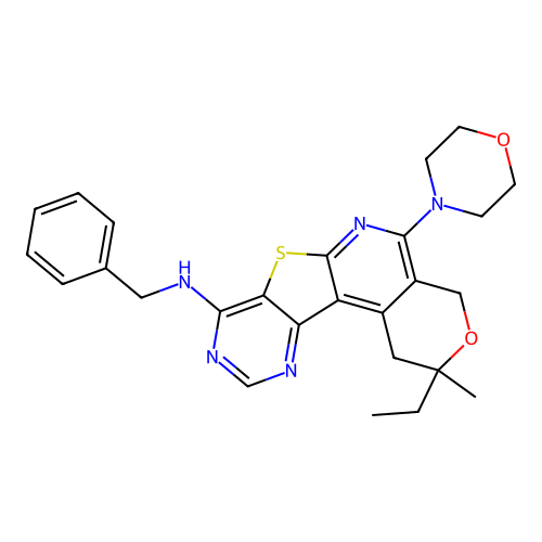 N-benzyl-2-ethyl-2-methyl-5-(morpholin-4-yl)-1,4-dihydro-2H-pyrano[4'',3'':4',5']pyrido[3',2':4,5]thieno[3,2-d]pyrimidin-8-amine structure