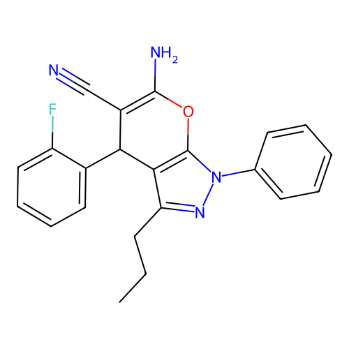 6-amino-4-(2-fluorophenyl)-1-phenyl-3-propyl-1,4-dihydropyrano[2,3-c]pyrazole-5-carbonitrile structure