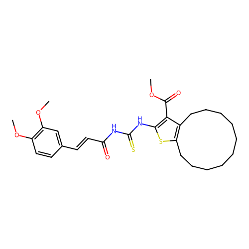 (E)-methyl 2-(3-(3-(3,4-dimethoxyphenyl)acryloyl)thioureido)-4,5,6,7,8,9,10,11,12,13-decahydrocyclododeca[b]thiophene-3-carboxylate structure