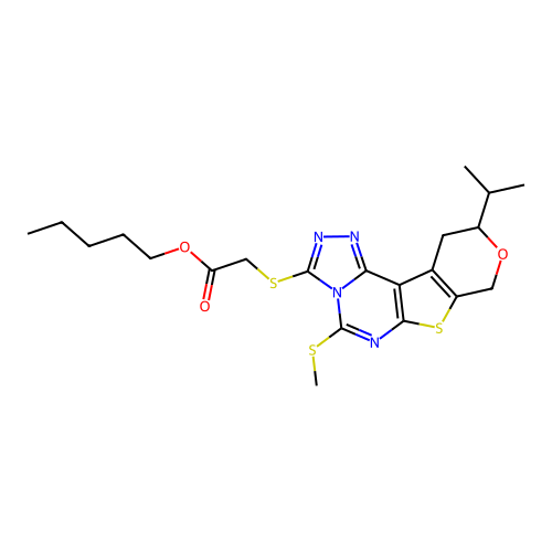 pentyl {[5-(methylsulfanyl)-10-(propan-2-yl)-10,11-dihydro-8H-pyrano[4',3':4,5]thieno[3,2-e][1,2,4]triazolo[4,3-c]pyrimidin-3-yl]sulfanyl}acetate structure