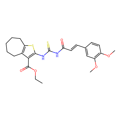 (E)-ethyl 2-(3-(3-(3,4-dimethoxyphenyl)acryloyl)thioureido)-5,6,7,8-tetrahydro-4H-cyclohepta[b]thiophene-3-carboxylate structure