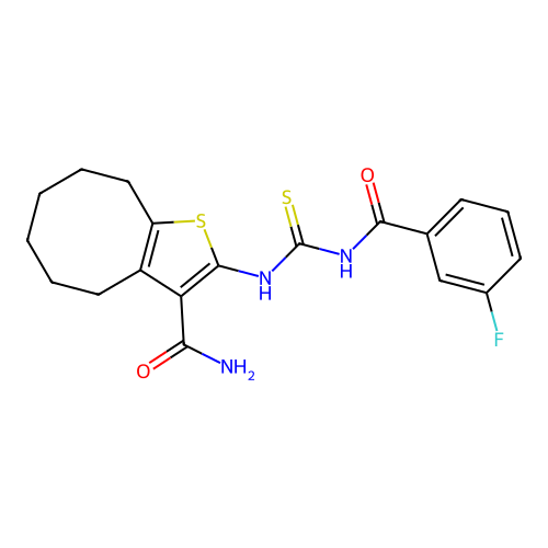 2-(3-(3-fluorobenzoyl)thioureido)-4,5,6,7,8,9-hexahydrocycloocta[b]thiophene-3-carboxamide structure
