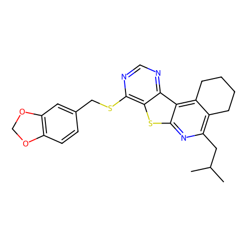 8-((benzo[d][1,3]dioxol-5-ylmethyl)thio)-5-isobutyl-1,2,3,4-tetrahydropyrimido[4',5':4,5]thieno[2,3-c]isoquinoline structure