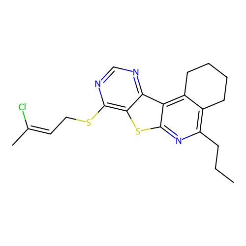 (Z)-8-((3-chlorobut-2-en-1-yl)thio)-5-propyl-1,2,3,4-tetrahydropyrimido[4',5':4,5]thieno[2,3-c]isoquinoline structure