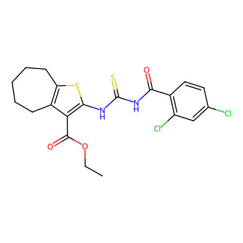 ethyl 2-({[(2,4-dichlorophenyl)carbonyl]carbamothioyl}amino)-5,6,7,8-tetrahydro-4H-cyclohepta[b]thiophene-3-carboxylate structure