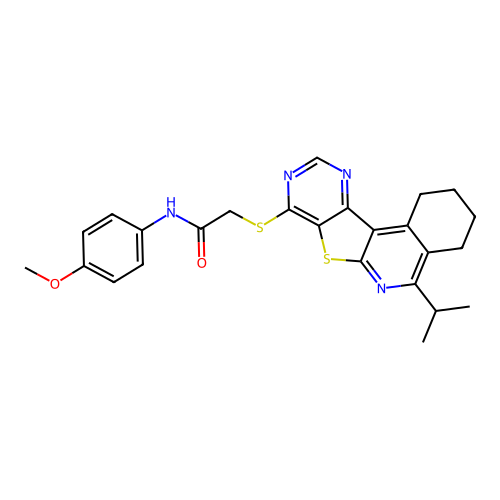2-((5-isopropyl-1,2,3,4-tetrahydropyrimido[4',5':4,5]thieno[2,3-c]isoquinolin-8-yl)thio)-N-(4-methoxyphenyl)acetamide structure