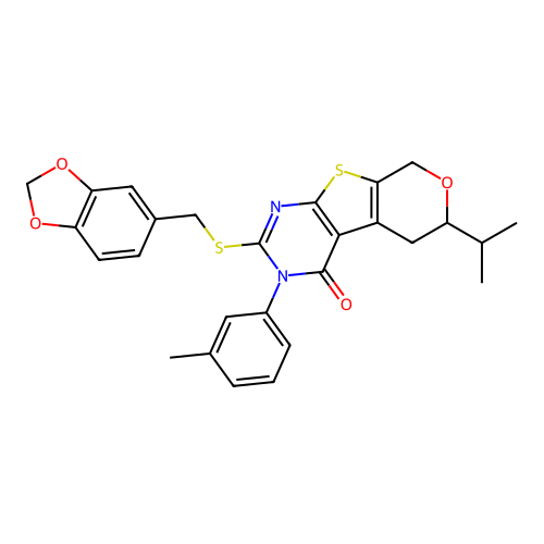 2-((benzo[d][1,3]dioxol-5-ylmethyl)thio)-6-isopropyl-3-(m-tolyl)-5,6-dihydro-3H-pyrano[4',3':4,5]thieno[2,3-d]pyrimidin-4(8H)-one structure