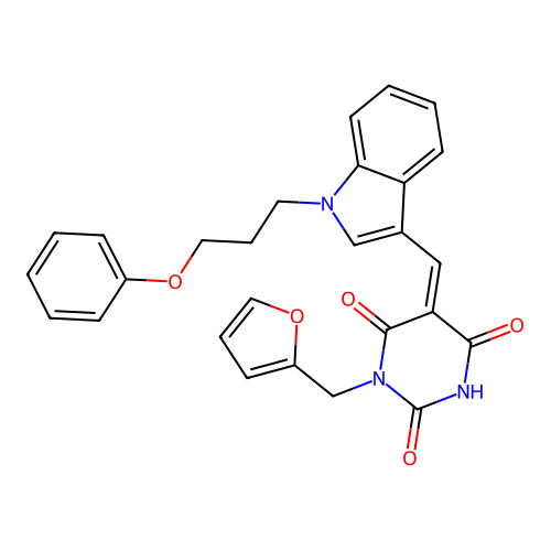 (5Z)-1-(furan-2-ylmethyl)-5-[[1-(3-phenoxypropyl)indol-3-yl]methylidene]-1,3-diazinane-2,4,6-trione structure