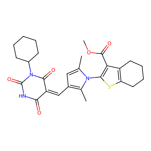(Z)-methyl 2-(3-((1-cyclohexyl-2,4,6-trioxotetrahydropyrimidin-5(2H)-ylidene)methyl)-2,5-dimethyl-1H-pyrrol-1-yl)-4,5,6,7-tetrahydrobenzo[b]thiophene-3-carboxylate structure