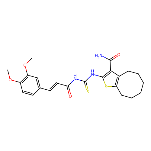 (E)-2-(3-(3-(3,4-dimethoxyphenyl)acryloyl)thioureido)-4,5,6,7,8,9-hexahydrocycloocta[b]thiophene-3-carboxamide structure