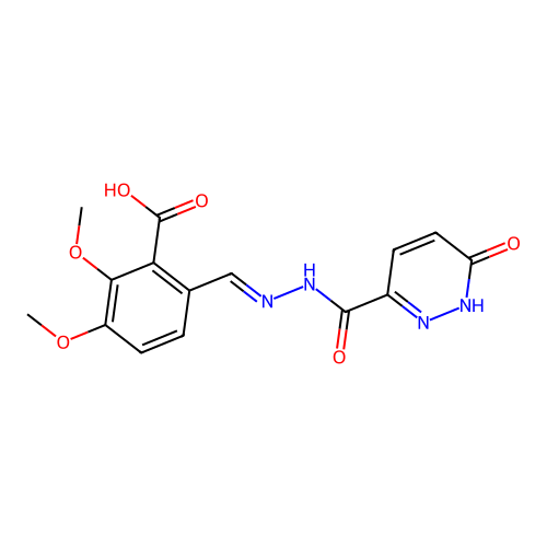 2,3-dimethoxy-6-[(E)-[(6-oxo-1H-pyridazine-3-carbonyl)hydrazinylidene]methyl]benzoic acid structure