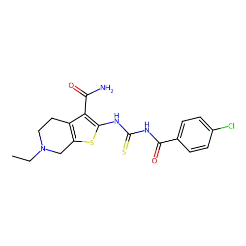 2-({[(4-chlorophenyl)carbonyl]carbamothioyl}amino)-6-ethyl-4,5,6,7-tetrahydrothieno[2,3-c]pyridine-3-carboxamide structure