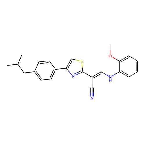 (E)-2-(4-(4-isobutylphenyl)thiazol-2-yl)-3-((2-methoxyphenyl)amino)acrylonitrile structure