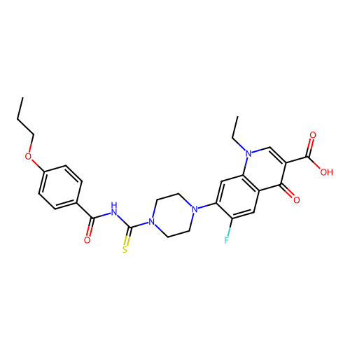 1-ethyl-6-fluoro-4-oxo-7-(4-((4-propoxybenzoyl)carbamothioyl)piperazin-1-yl)-1,4-dihydroquinoline-3-carboxylic acid structure