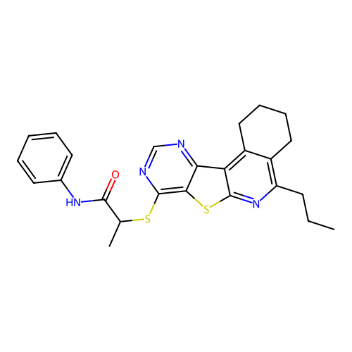 N-phenyl-2-((5-propyl-1,2,3,4-tetrahydropyrimido[4',5':4,5]thieno[2,3-c]isoquinolin-8-yl)thio)propanamide structure