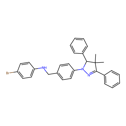 4-bromo-N-(4-(4,4-dimethyl-3,5-diphenyl-4,5-dihydro-1H-pyrazol-1-yl)benzyl)aniline structure