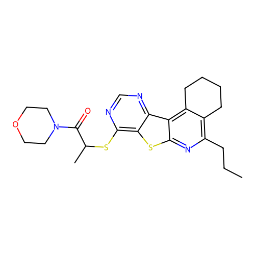 1-(morpholin-4-yl)-2-[(5-propyl-1,2,3,4-tetrahydropyrimido[4',5':4,5]thieno[2,3-c]isoquinolin-8-yl)sulfanyl]propan-1-one structure