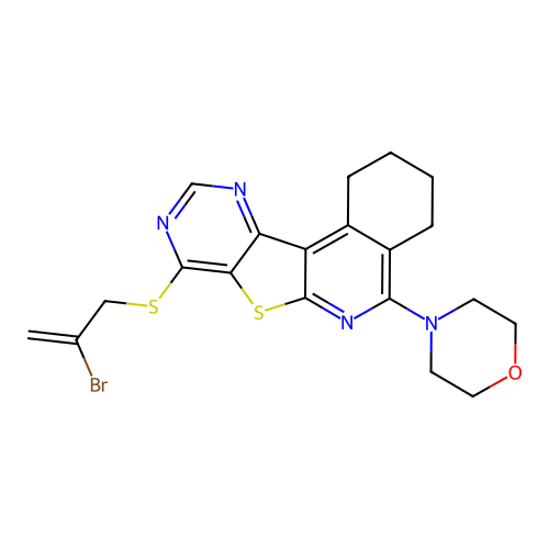 4-(8-((2-bromoallyl)thio)-1,2,3,4-tetrahydropyrimido[4',5':4,5]thieno[2,3-c]isoquinolin-5-yl)morpholine structure