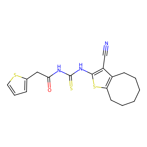 N-((3-cyano-4,5,6,7,8,9-hexahydrocycloocta[b]thiophen-2-yl)carbamothioyl)-2-(thiophen-2-yl)acetamide structure