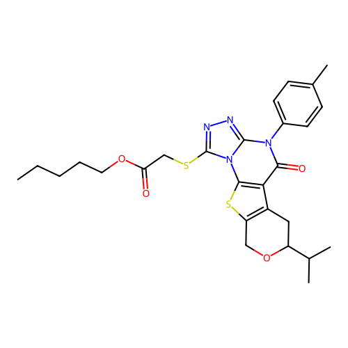 pentyl {[4-(4-methylphenyl)-5-oxo-7-(propan-2-yl)-4,5,6,9-tetrahydro-7H-pyrano[4',3':4,5]thieno[3,2-e][1,2,4]triazolo[4,3-a]pyrimidin-1-yl]sulfanyl}acetate structure