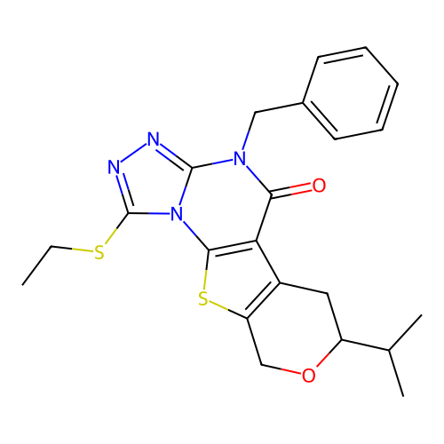 4-benzyl-1-(ethylsulfanyl)-7-(propan-2-yl)-6,9-dihydro-7H-pyrano[4',3':4,5]thieno[3,2-e][1,2,4]triazolo[4,3-a]pyrimidin-5(4H)-one structure