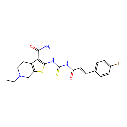 (E)-2-(3-(3-(4-bromophenyl)acryloyl)thioureido)-6-ethyl-4,5,6,7-tetrahydrothieno[2,3-c]pyridine-3-carboxamide structure