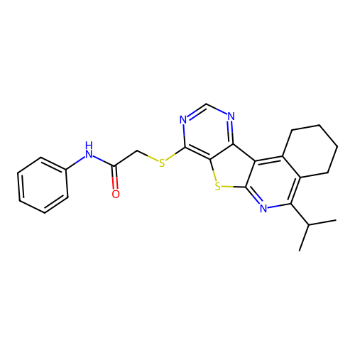 2-((5-isopropyl-1,2,3,4-tetrahydropyrimido[4',5':4,5]thieno[2,3-c]isoquinolin-8-yl)thio)-N-phenylacetamide structure