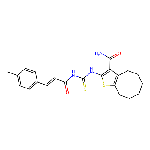 (E)-2-(3-(3-(p-tolyl)acryloyl)thioureido)-4,5,6,7,8,9-hexahydrocycloocta[b]thiophene-3-carboxamide structure