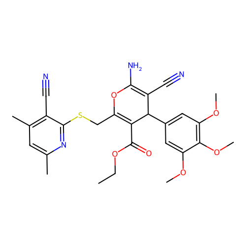 ethyl 6-amino-5-cyano-2-(((3-cyano-4,6-dimethylpyridin-2-yl)thio)methyl)-4-(3,4,5-trimethoxyphenyl)-4H-pyran-3-carboxylate structure
