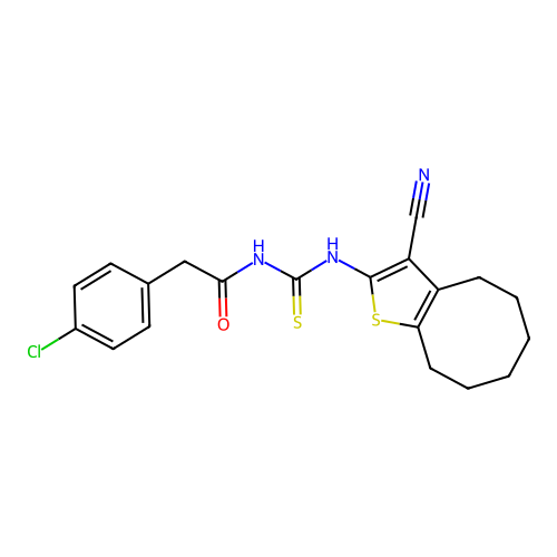 2-(4-chlorophenyl)-N-[(3-cyano-4,5,6,7,8,9-hexahydrocycloocta[b]thiophen-2-yl)carbamothioyl]acetamide structure