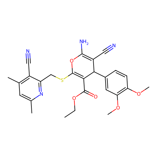 ethyl 6-amino-5-cyano-2-(((3-cyano-4,6-dimethylpyridin-2-yl)methyl)thio)-4-(3,4-dimethoxyphenyl)-4H-pyran-3-carboxylate structure