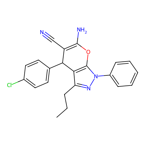 6-amino-4-(4-chlorophenyl)-1-phenyl-3-propyl-1,4-dihydropyrano[2,3-c]pyrazole-5-carbonitrile structure