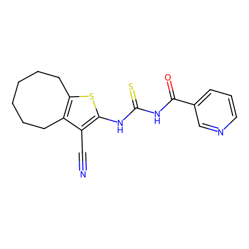N-[(3-cyano-4,5,6,7,8,9-hexahydrocycloocta[b]thiophen-2-yl)carbamothioyl]pyridine-3-carboxamide structure